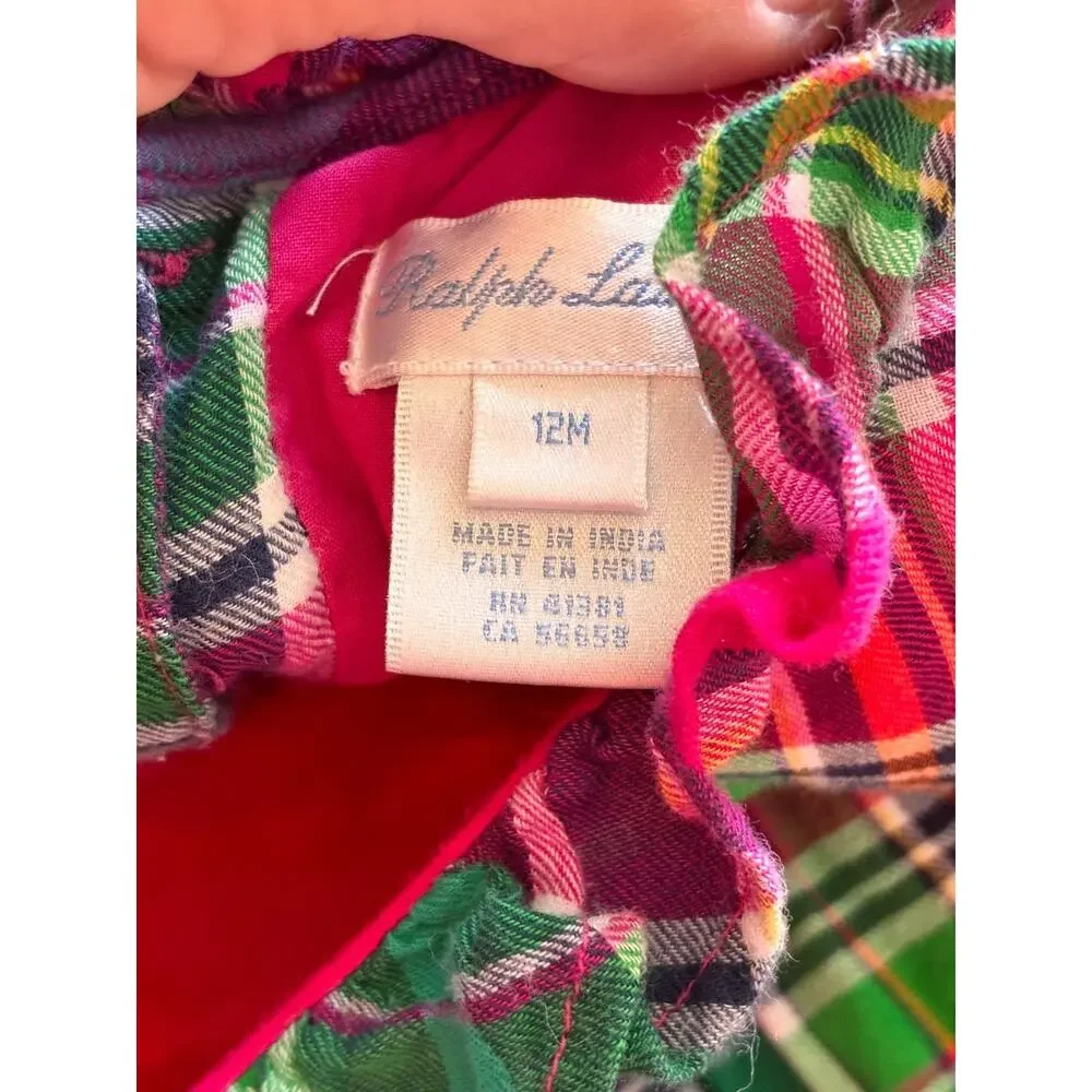 Ralph Lauren Plaid Tartan Babydoll Girls Dress 12M holiday Ruffles Pink Green